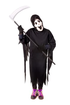 Kid with reaper mask in Halloween costume isolated in white