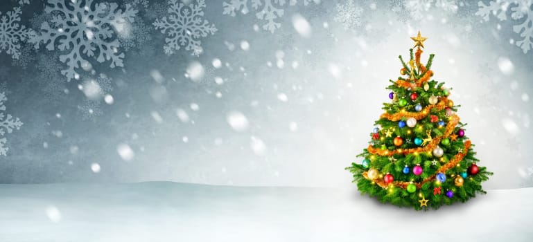 Colorful shiny Christmas tree on a panoramic snow background with copy space