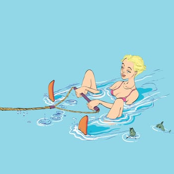 Beautiful girl water skiing, hand drawn line art illustration. Sports and recreation of the sea