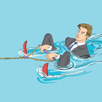 Business startup concept. Businessman in water skiing, hand drawn line art illustration. A man is ready to start