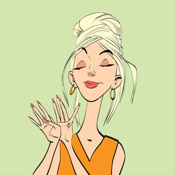 The manicure, young woman and beautiful nails, hand drawn line art illustration.