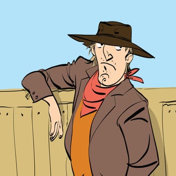 Funny cowboy on a ranch, hand drawn line art illustration