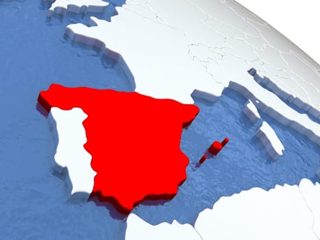 Map of Spain on globe with metallic land and realistic water. 3D illustration