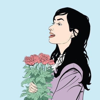 Beautiful brunette with a bouquet of roses flowers, hand drawn line art illustration. young woman