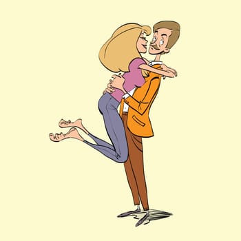 Man and woman couple in love on a date, hand drawn line art illustration. The meeting hugs