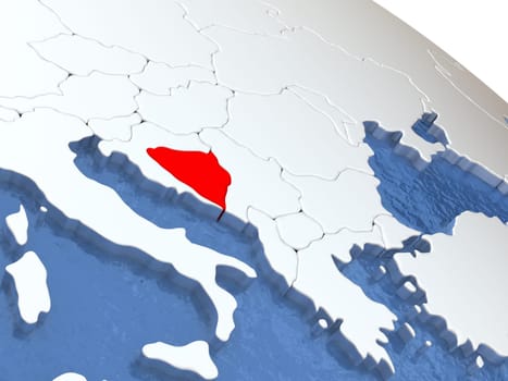 Map of Bosnia on globe with metallic land and realistic water. 3D illustration