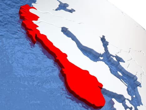 Map of Norway on globe with metallic land and realistic water. 3D illustration