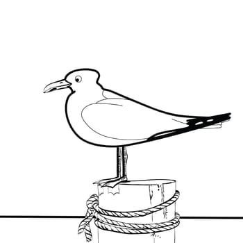 Sea gull sitting on the pier hands drawn vector illustration