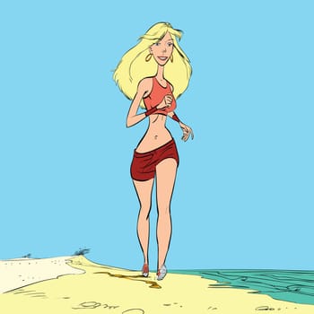 Athletic woman runs along the beach, hand drawn line art illustration. A healthy way of life. Beautiful blonde girl