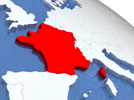 Map of France on globe with metallic land and realistic water. 3D illustration