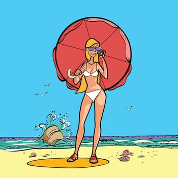 Girl in swimsuit by the sea with a sun umbrella hands drawn vector illustration