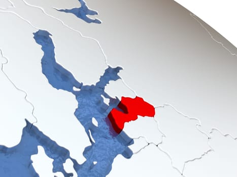 Map of Latvia on globe with metallic land and realistic water. 3D illustration