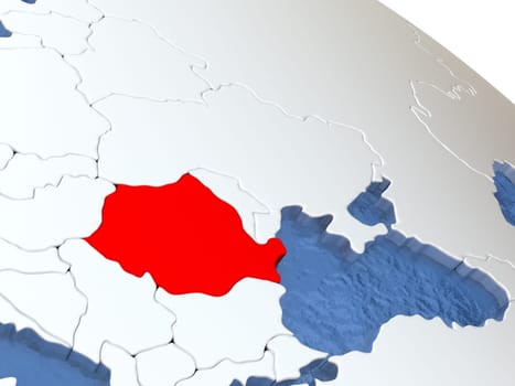 Map of Romania on globe with metallic land and realistic water. 3D illustration