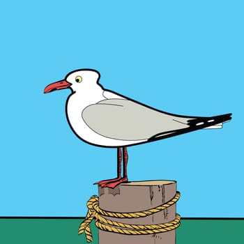 Sea gull sitting on the pier hands drawn vector illustration