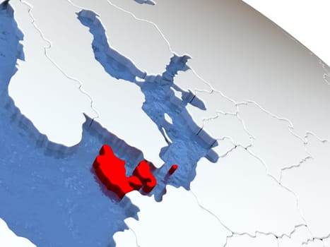 Map of Denmark on globe with metallic land and realistic water. 3D illustration