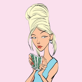 Poker face woman playing cards, hand drawn line art illustration