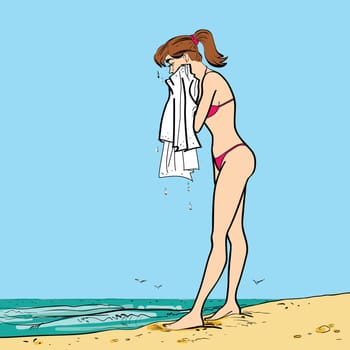 On the beach wet girl towel hands drawn vector illustration. The rest of the sea
