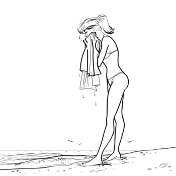 On the beach wet girl towel hands drawn vector illustration. The rest of the sea