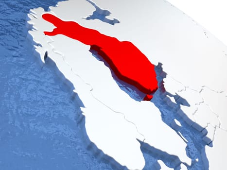 Map of Finland on globe with metallic land and realistic water. 3D illustration