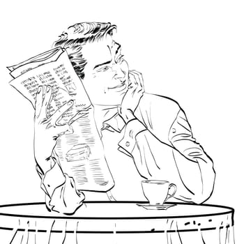 male newspaper Breakfast coffee table hands drawn vector illustration