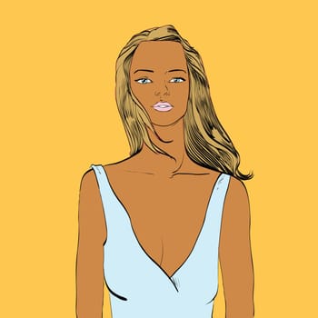 Beautiful tanned woman in swimsuit hands drawn vector illustration