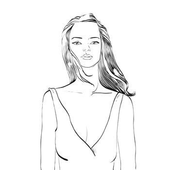 Young woman in bathing suit black and white drawing hands drawn vector illustration