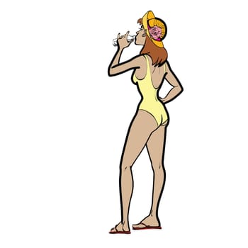 Girl on beach drinking water hands drawn vector illustration. Beautiful woman in the globe. The summer heat
