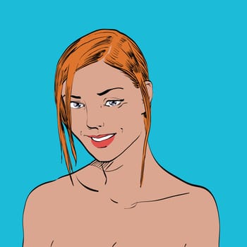 Cute smiling woman portrait on the beach hands drawn vector illustration. The rest of the sea