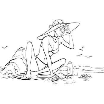 Woman on the beach hands drawn vector illustration. The girl next to sand castle