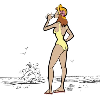 sea, woman in swimsuit drinking water hands drawn vector illustration. Thirst and drinks