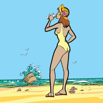 sea, woman in swimsuit drinking water hands drawn vector illustration. Thirst and drinks