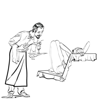 girl on the beach and a waiter with a cold cocktail hands drawn vector illustration. The rest of the sea