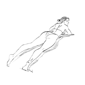 Beautiful girl sunbathes on a beach hands drawn vector illustration. The rest of the sea