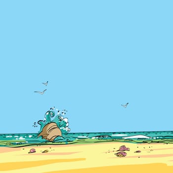 Nature beach sea waves seagulls hands drawn vector illustration. Tourism and recreation the sea