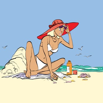 Woman on the beach hands drawn vector illustration. The girl next to sand castle