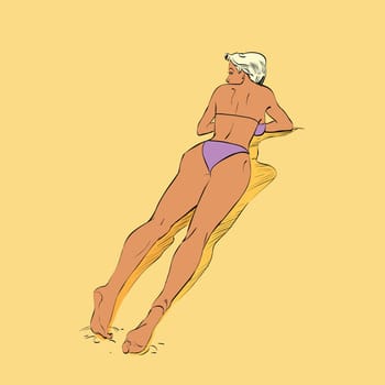 Beautiful girl sunbathes on a beach hands drawn vector illustration. The rest of the sea