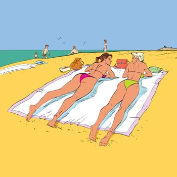 Two girlfriends sunbathing on the crowded beach hands drawn vector illustration. The rest of the sea