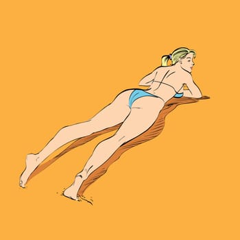 Beautiful girl sunbathes on a beach hands drawn vector illustration. The rest of the sea