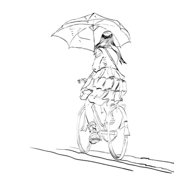 Girl on bike with umbrella autumn rain hands drawn vector illustration. Beautiful woman symbol of loneliness and sadness. A cyclist rides on the road