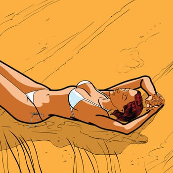 Sexy tanned girl in a bikini on the beach hands drawn vector illustration. The rest of the sea