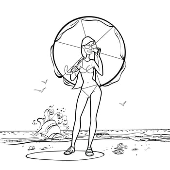Girl in swimsuit by the sea with a sun umbrella hands drawn vector illustration