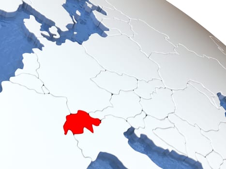 Map of Switzerland on globe with metallic land and realistic water. 3D illustration