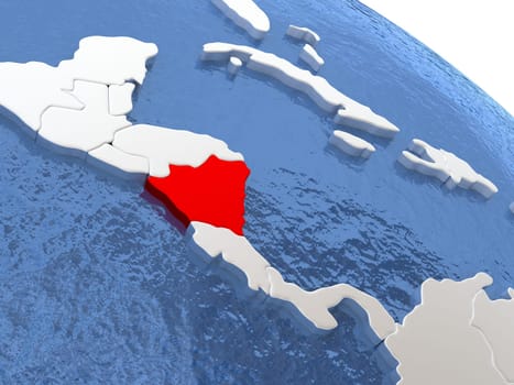 Map of Nicaragua on globe with metallic land and realistic water. 3D illustration