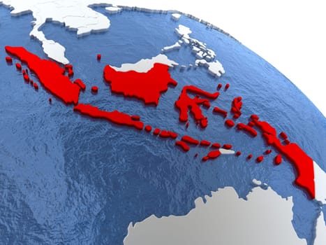 Map of Indonesia on globe with metallic land and realistic water. 3D illustration