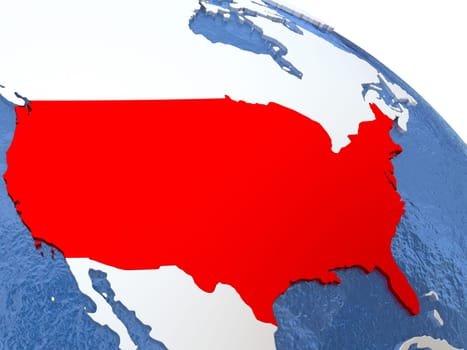Map of USA on globe with metallic land and realistic water. 3D illustration