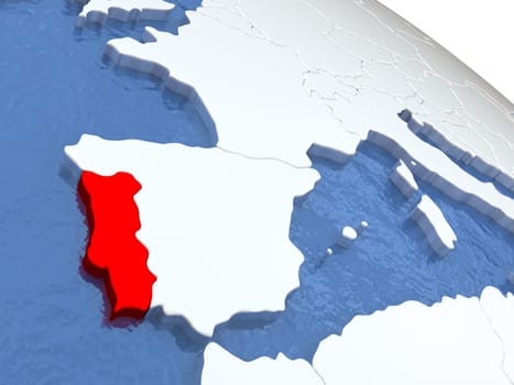 Map of Portugal on globe with metallic land and realistic water. 3D illustration