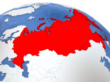 Map of Russia on globe with metallic land and realistic water. 3D illustration