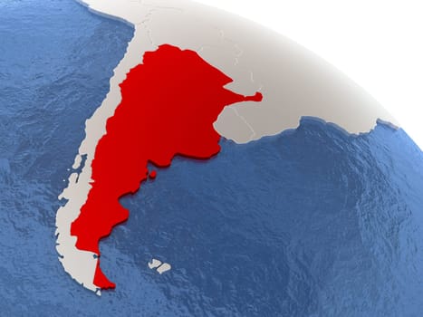 Map of Argentina on globe with metallic land and realistic water. 3D illustration