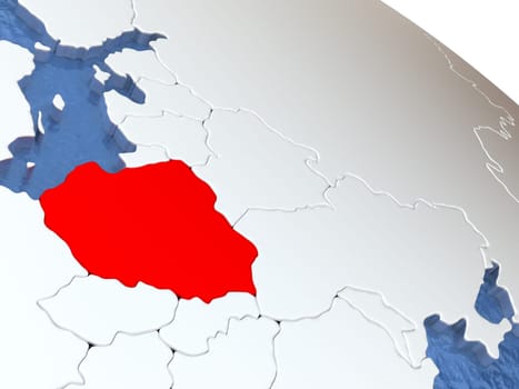 Map of Poland on globe with metallic land and realistic water. 3D illustration