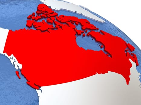 Map of Canada on globe with metallic land and realistic water. 3D illustration